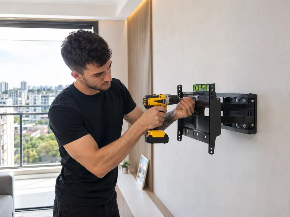 Instalação e nivelamento de suporte de TV em parede