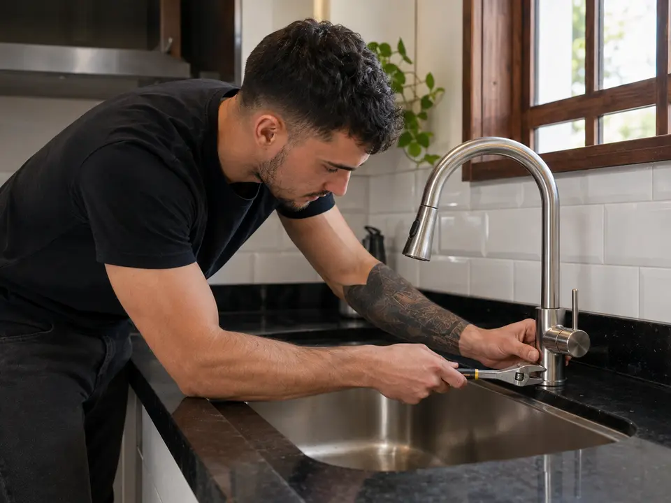 Instalação de torneira em cozinha residencial