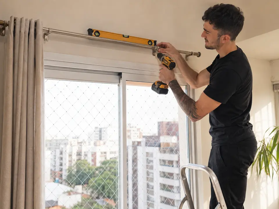Instalação e nivelamento de varão de cortina